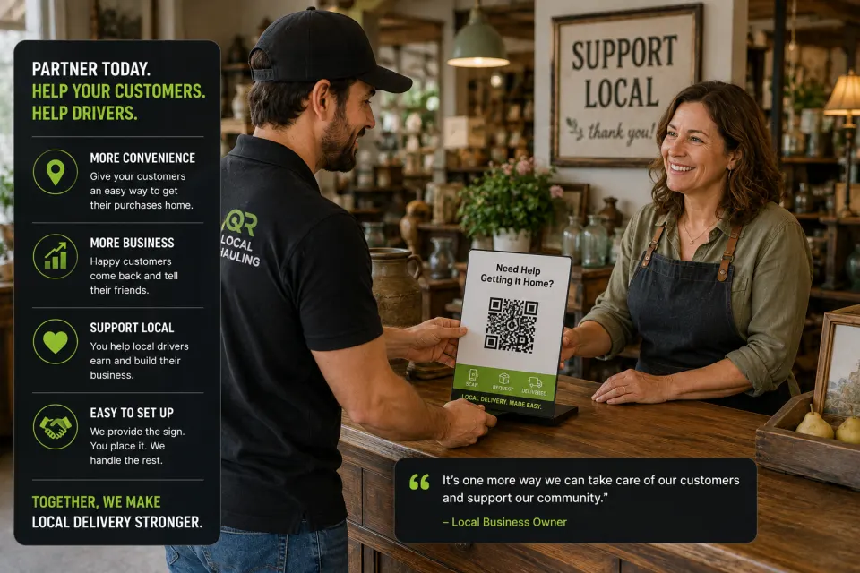 Driver placing a QR delivery sign with a local business owner
