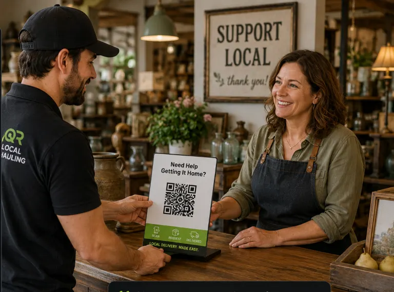 Driver placing a QR delivery sign with a local business owner