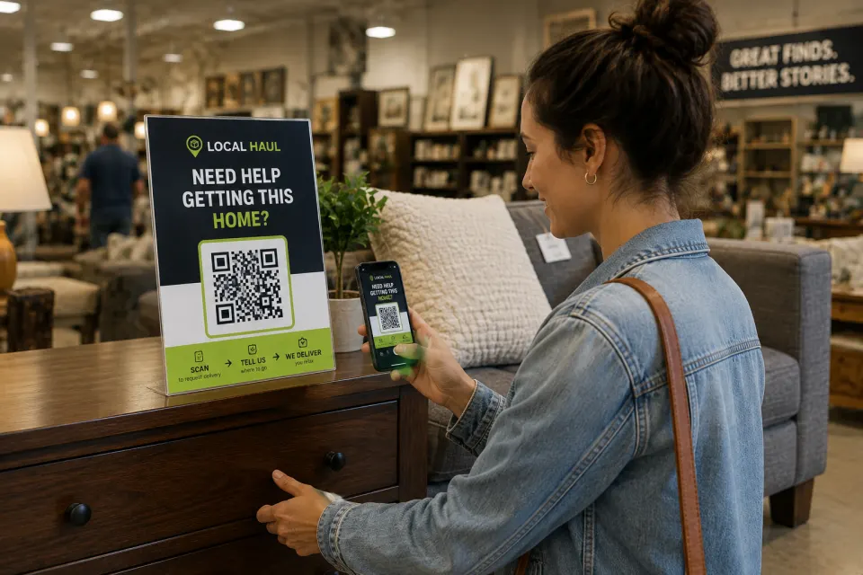 Customer scanning a QR delivery placard beside a bulky furniture purchase