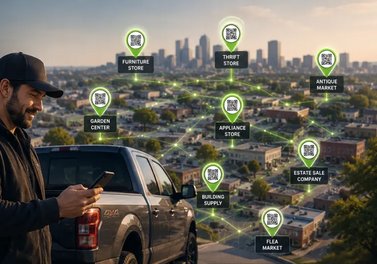 Driver standing by a pickup truck with QR delivery locations connected across a local city map