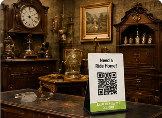 Antique shop display with a QR delivery placard on a wooden table