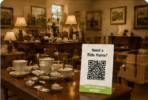 Estate sale room with a QR delivery placard among furniture and household goods