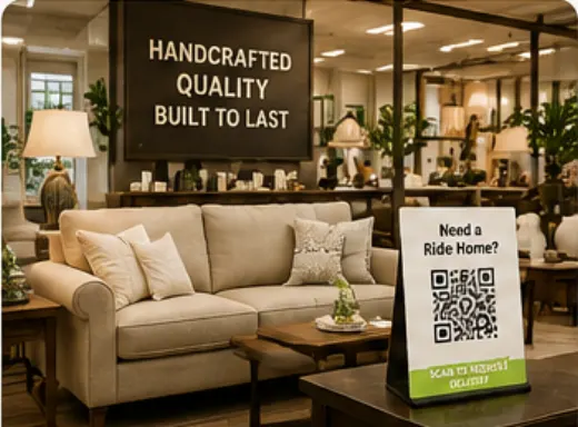 Furniture store with a QR delivery placard near a sofa display
