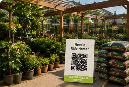 Garden center with a QR delivery placard among plants and bagged supplies