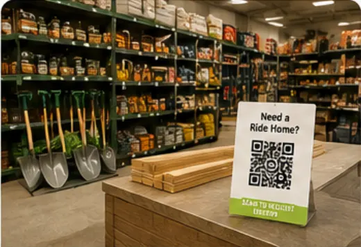 Hardware store aisle with a QR delivery placard by building supplies