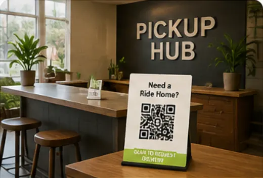 Pickup hub counter with a QR delivery placard