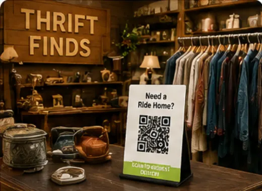 Thrift shop interior with a QR delivery placard at the counter