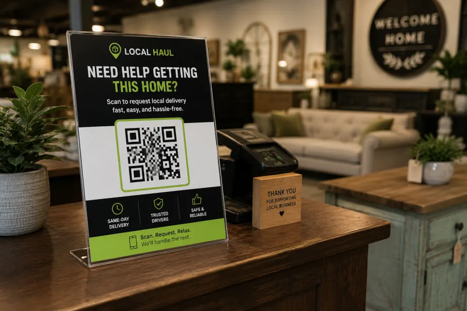 QR delivery placard placed at a local furniture store checkout